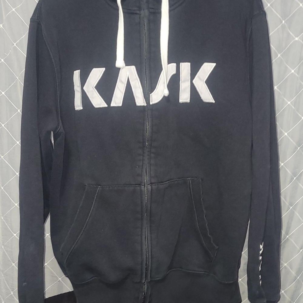 KASK Men's full Zip Hoodie Black XL teal hood inlay left arm detail